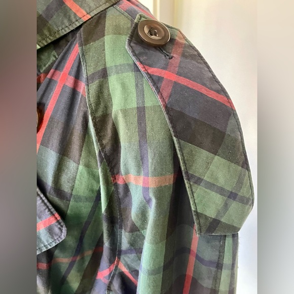 Vintage 80s? Plaid Belted Trench Coat, full shoulders, blue/green/red, sz12 - Picture 4 of 12